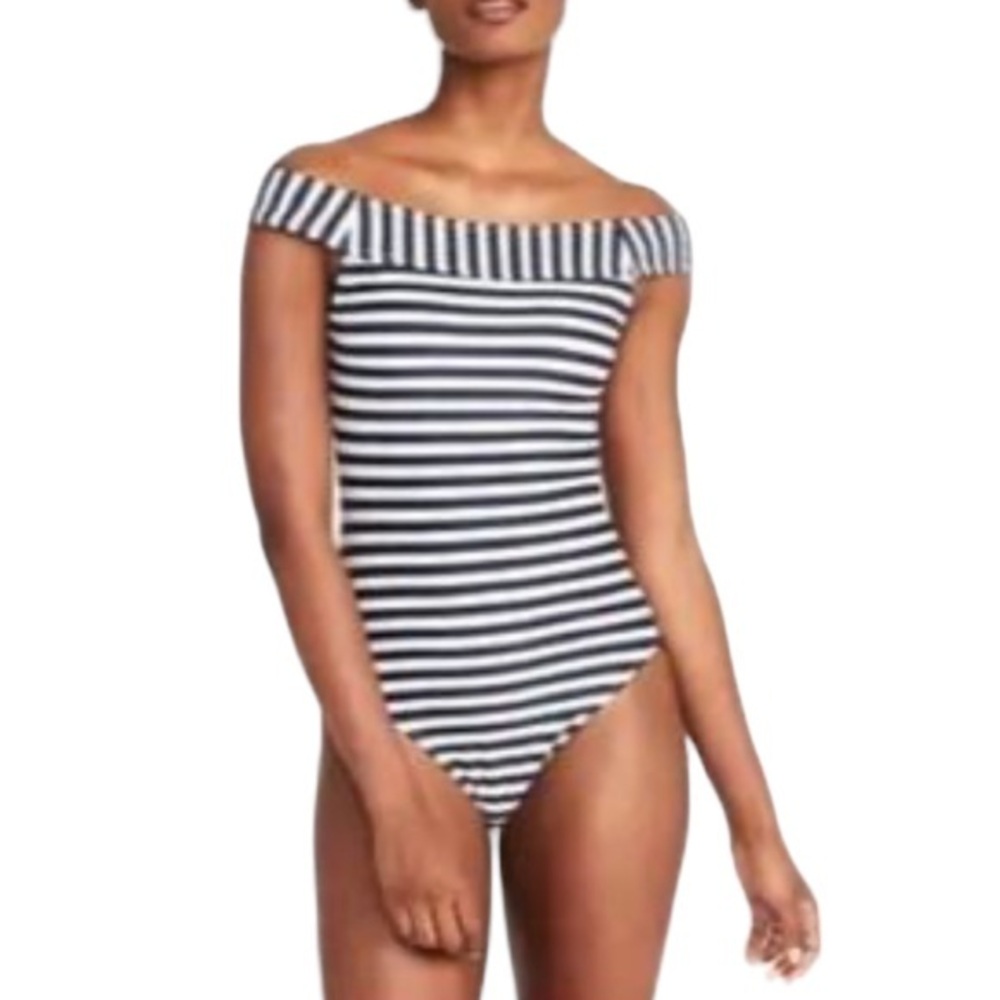 Old Navy sz XL navy blue & white striped off shoulder padded one-piece swimsuit